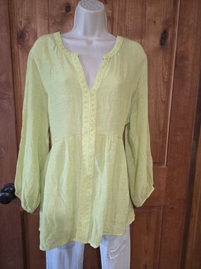 Counterparts Lime Green Crochet-Trim Split-Neck Tunic